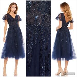 Mac Duggal 10806 Womens EMBELLISHED FLUTTER SLEEVE TEA-LENGTH DRESS